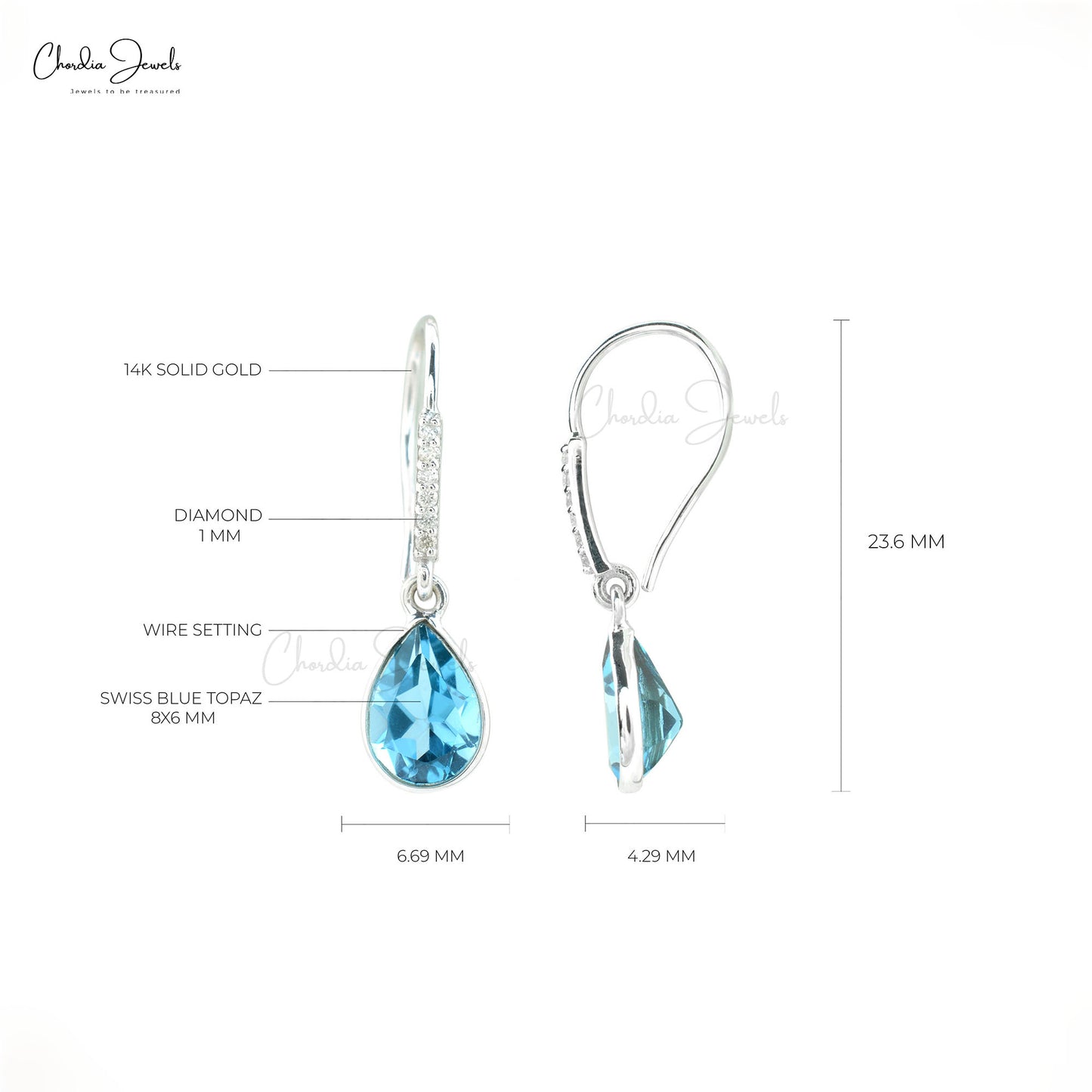 Natural Swiss Blue Topaz Diamond Earrings 14k White Gold Dangle Earrings For Her 8x6mm Pear Cut Gemstone Hallmarked Jewelry