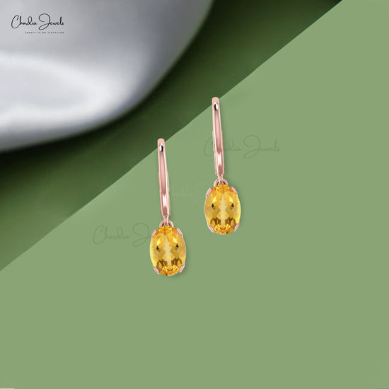 Dangling 14k Solid Gold Earrings With 6x4mm Citrine Gemstone Lever Back Earrings For Women