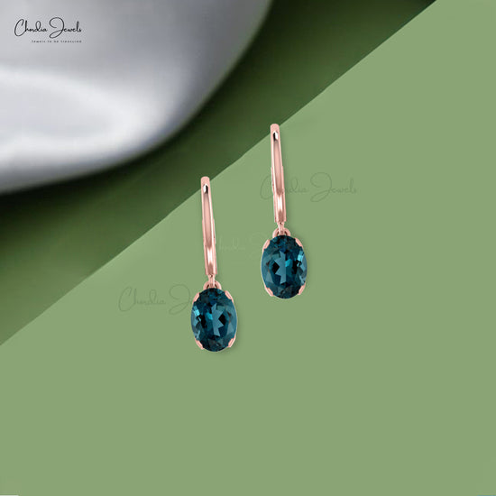 Lever Back 14k Solid Gold Earrings With 1.4 CT London Blue Topaz Dangler Earrings Fine Jewelry