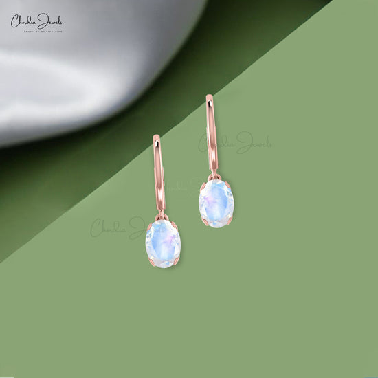 Authentic 0.6 CT Moonstone Lever Back Dangler Earrings In 14k Real Gold Hallmark Jewelry