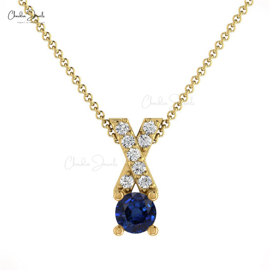 Natural Blue Sapphire Criss Cross Pendant 14k Solid Gold Diamond Pendant 0.45 Carat Round Cut Handmade Gemstone Pendant For Birthday Gift