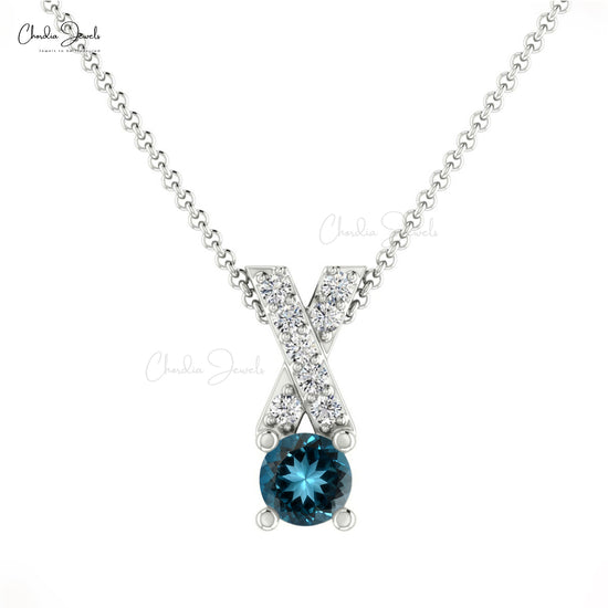 Dainty Criss Cross Charm in Real 14k Gold London Blue Topaz 5mm Gemstone Diamond Pendant