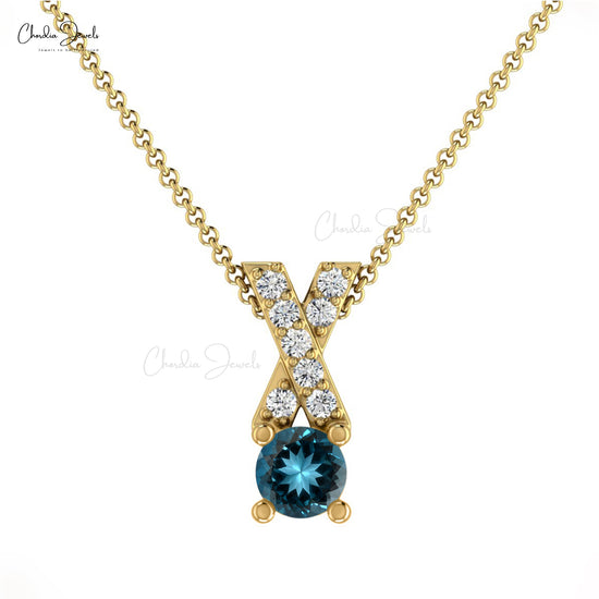 Dainty Criss Cross Charm in Real 14k Gold London Blue Topaz 5mm Gemstone Diamond Pendant