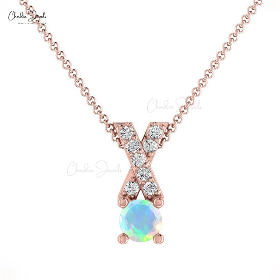 Real 14k Gold Criss Cross Charm With 5mm Fire Opal And Diamond Pendant For Mom