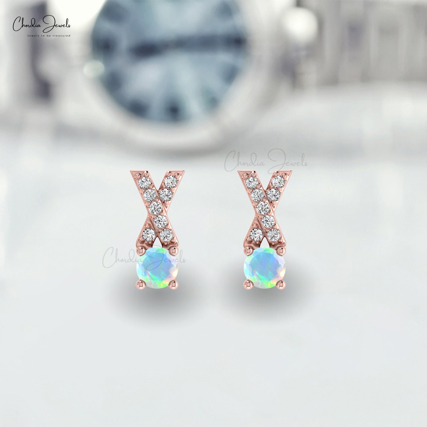 Natural Ethiopian Opal Handmade Studs Earring 14k Solid Gold White Diamond Earring 5mm Round Cut Handmade Gemstone Criss Cross Earring For Women's