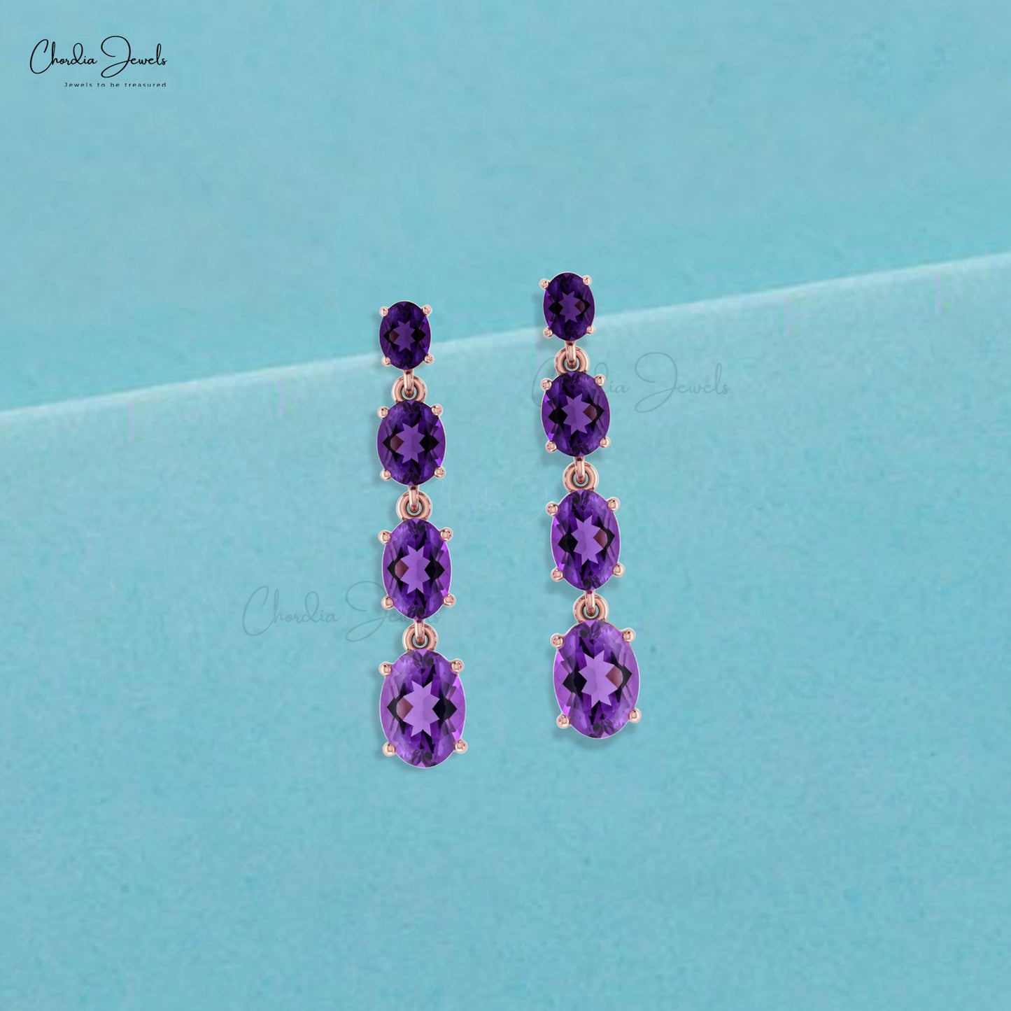 Four Stone Dangler Earrings With 3.4 CTW Amethyst Oval Gemstone In 14k Pure Gold Fine Jewelry