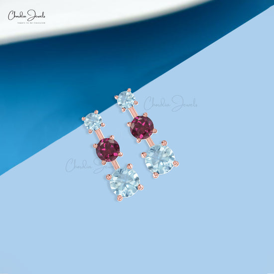 Three Stone Studs In 14k Solid Gold With 4mm Rhodolite And Aquamarine Prong Set Earrings For Her