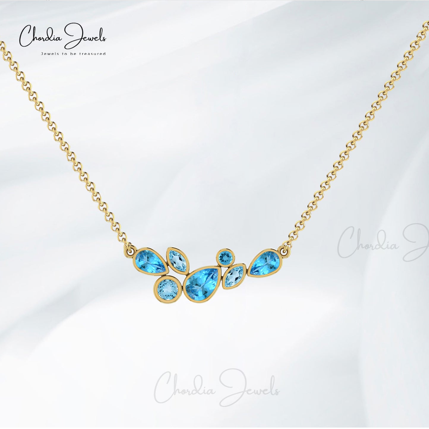 Seven Stone Wedding Pendant with 1.43 Ct Swiss & Sky Blue Topaz 14k Real Gold Necklace