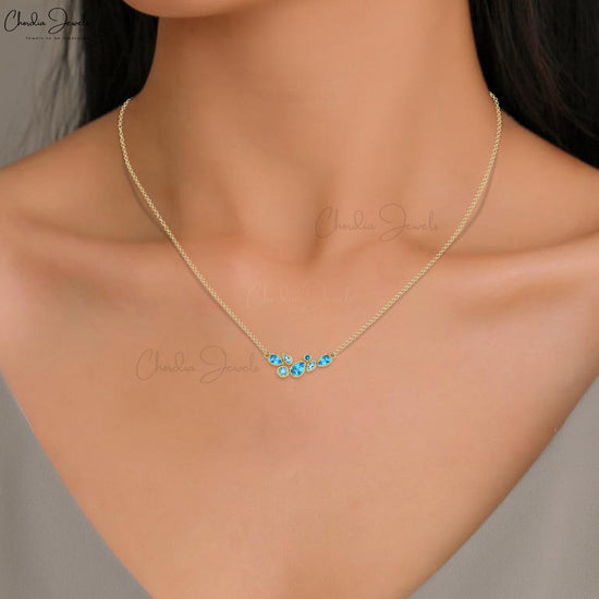 Seven Stone Wedding Pendant with 1.43 Ct Swiss & Sky Blue Topaz 14k Real Gold Necklace