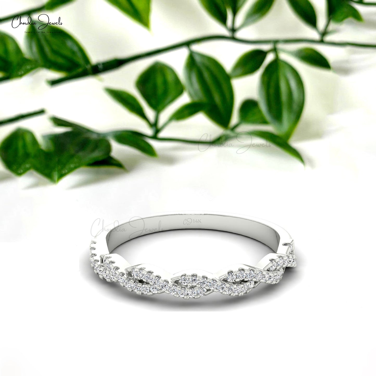 Solid 14k Gold Half Eternity Band With 0.16 Ct White Diamond Overlapping Engagement Ring