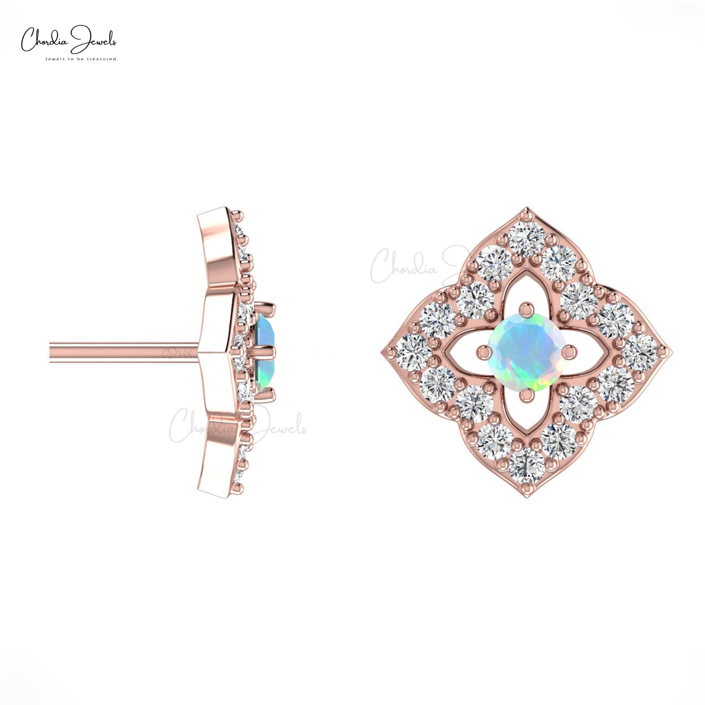 14k Solid Gold Round Opal Earrings