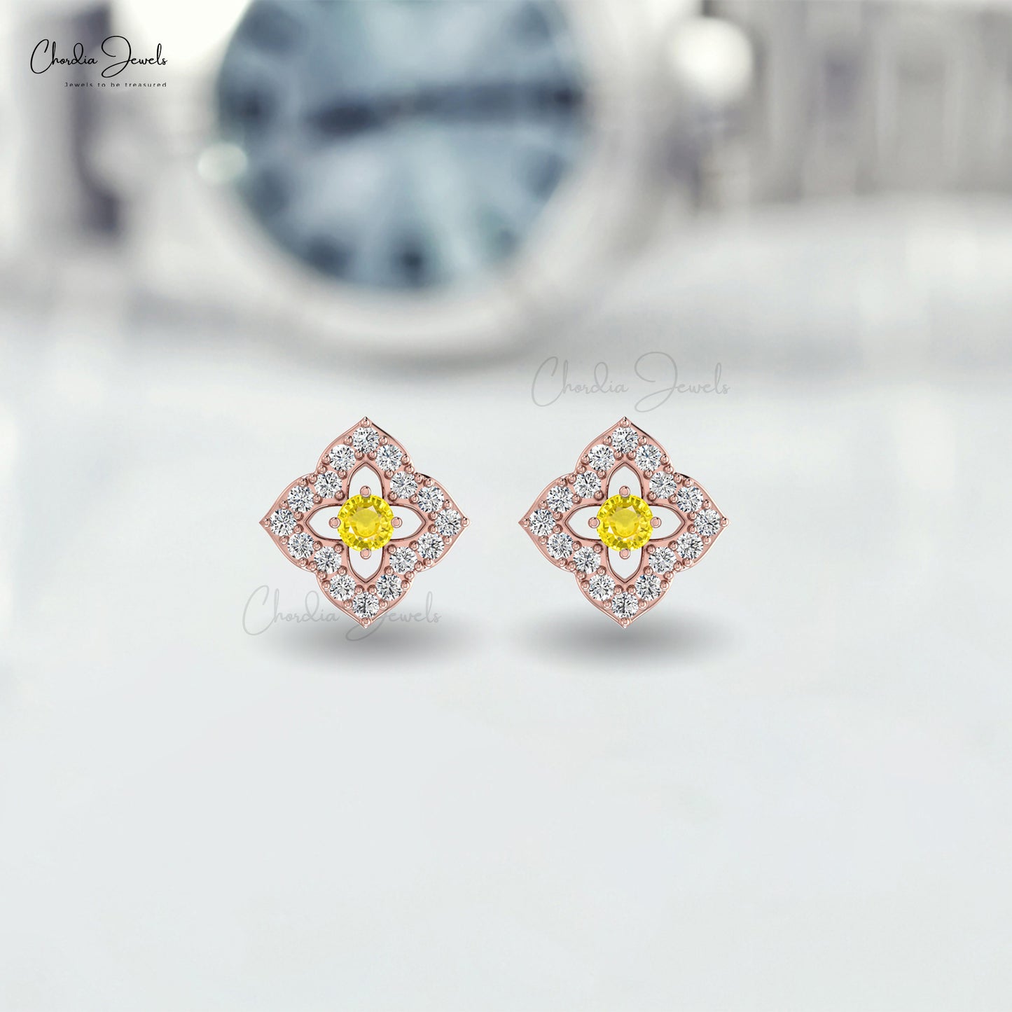 Halo 2mm Yellow Sapphire And Pave Set Diamond Floral Stud Earrings In 14k Solid Gold Fine Jewelry