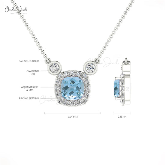 Natural 4mm Aquamarine & Bezel Set Diamond Halo 14k Real Gold Necklace For Women