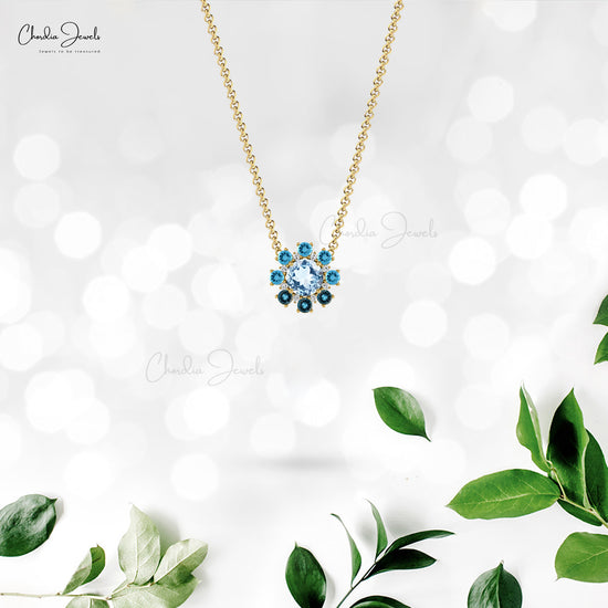 Unique Halo Diamond Matinee Necklace With 1.04 Ct Blue Topaz Gemstone Cluster Necklace