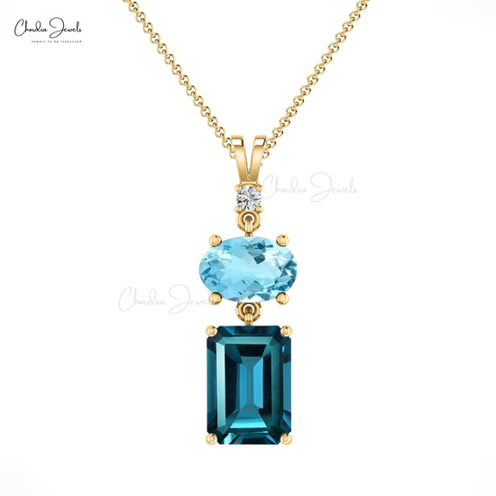 Three Stone Women Pendant in Solid 14k Gold London Blue Topaz And Diamond Jewelry For Her