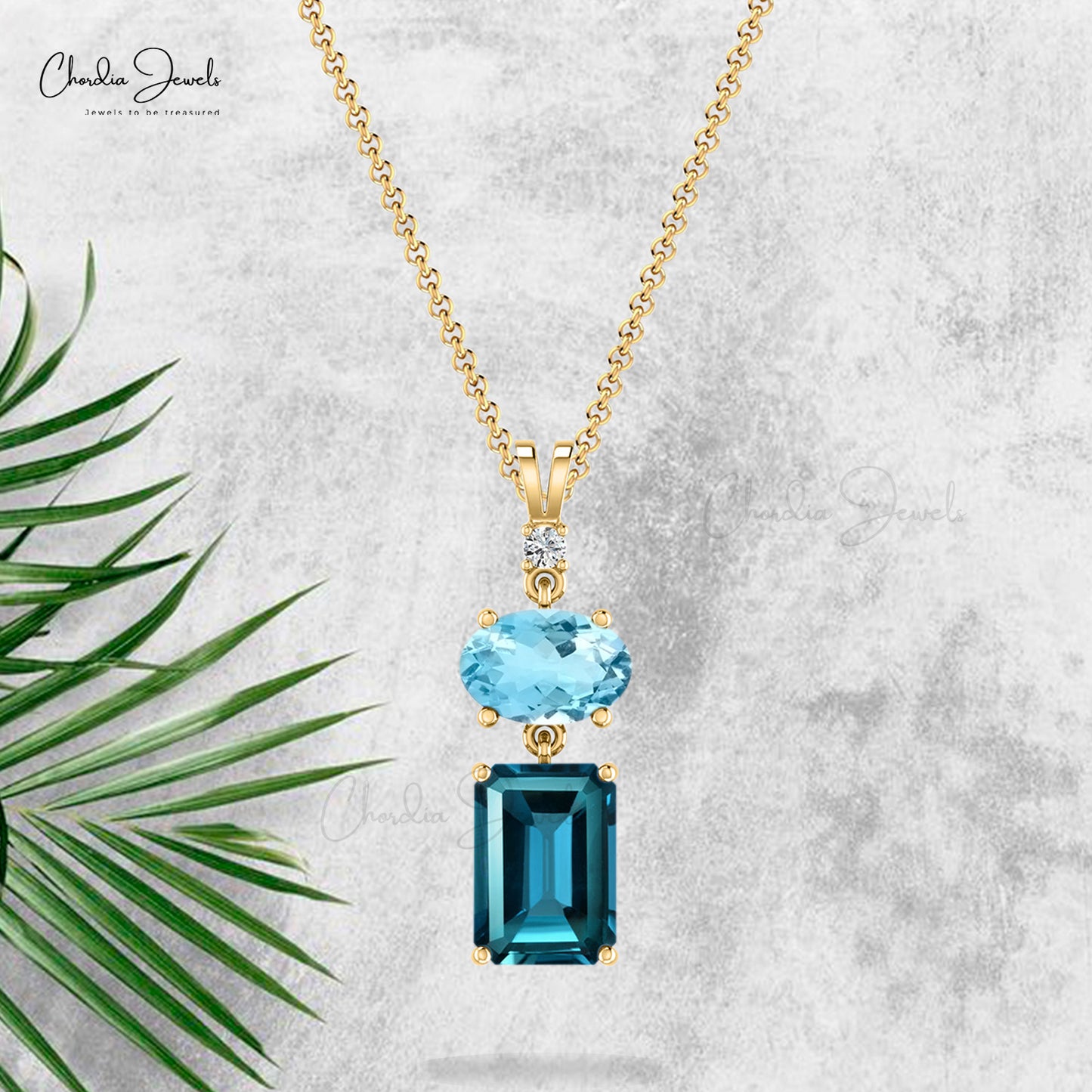 Three Stone Women Pendant in Solid 14k Gold London Blue Topaz And Diamond Jewelry For Her