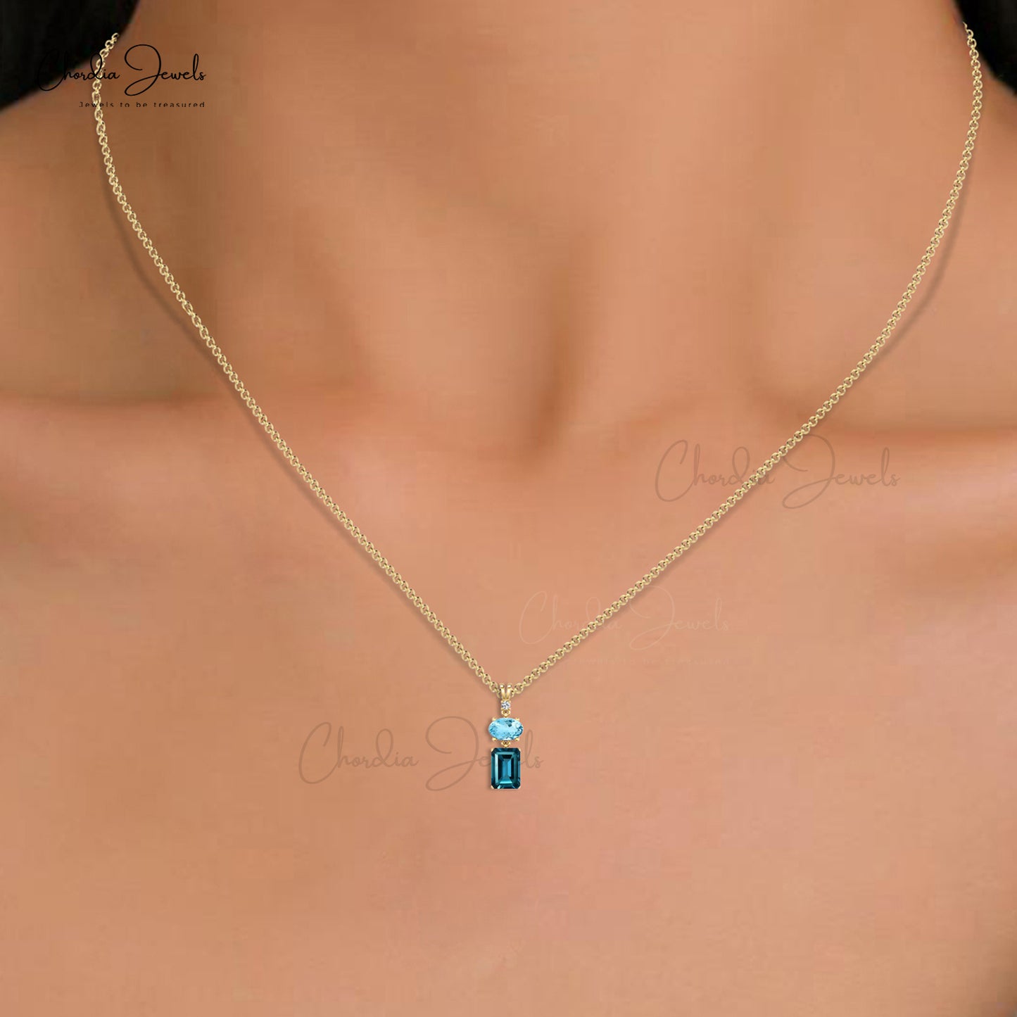 Three Stone Women Pendant in Solid 14k Gold London Blue Topaz And Diamond Jewelry For Her