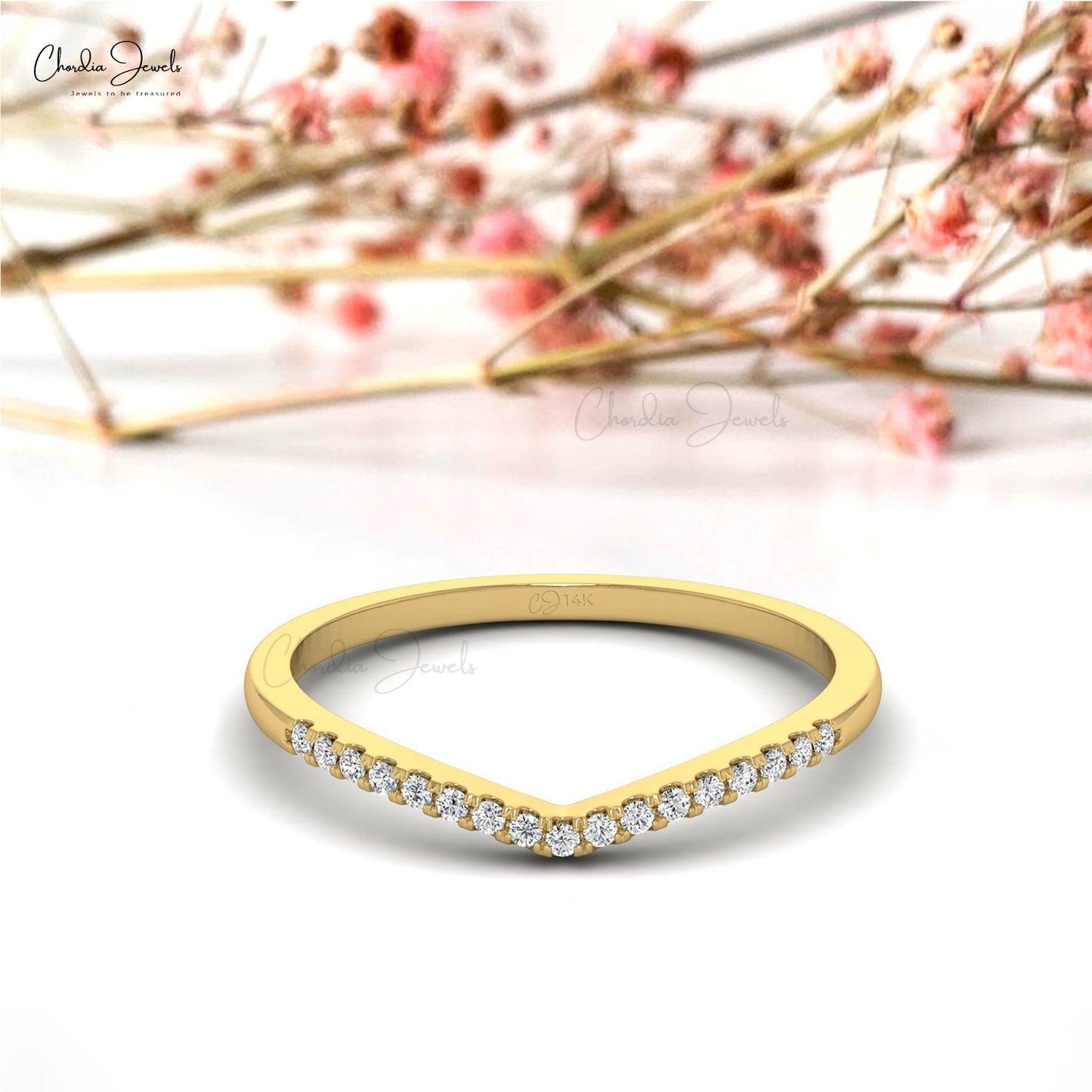 Half Eternity Diamond Ring In 14k Solid Gold With 0.12 Ct Diamond April Birthstone Chevron Ring