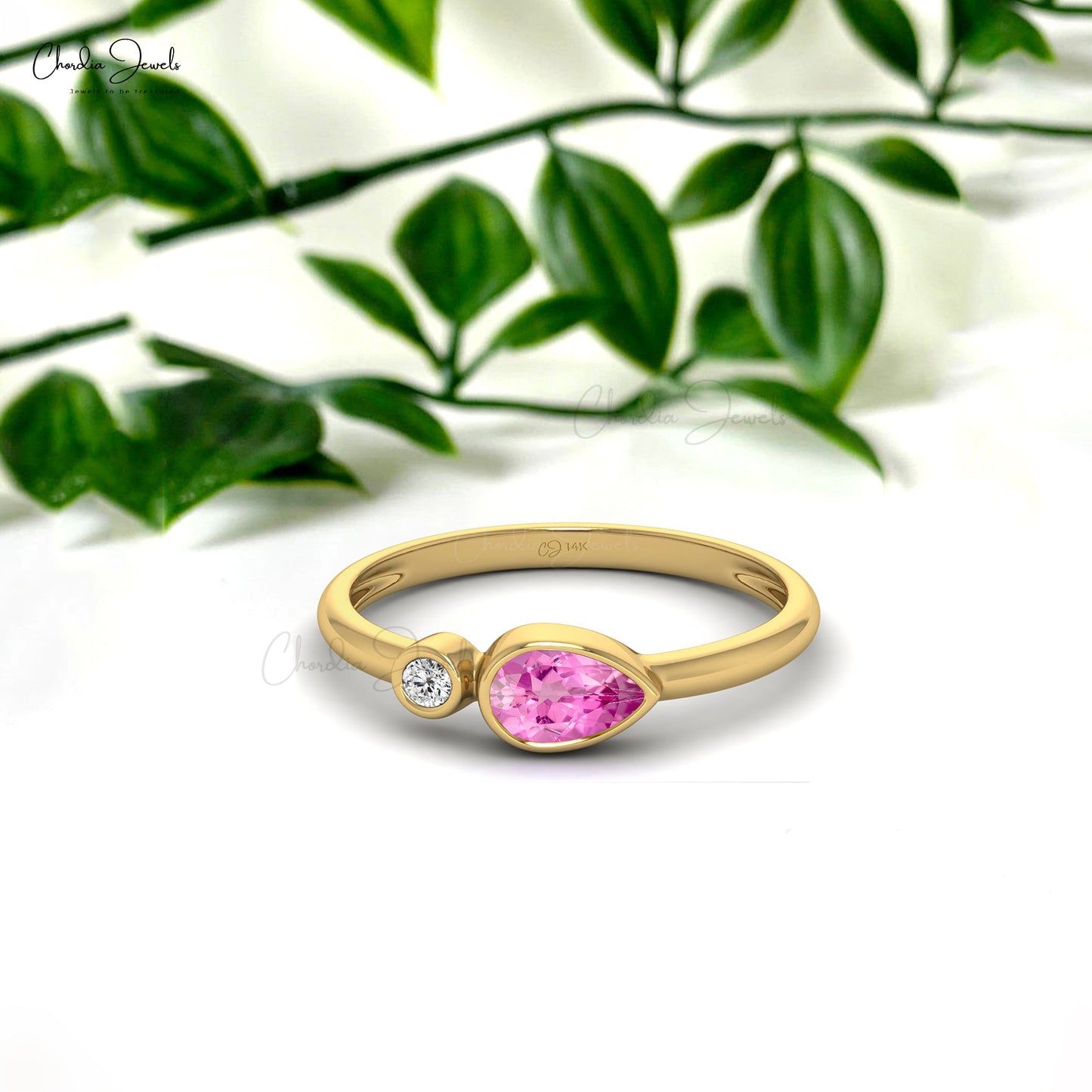 Dual Birthstone Ring in Solid 14k Gold Pink Sapphire And Diamond Bezel Set Promise Ring