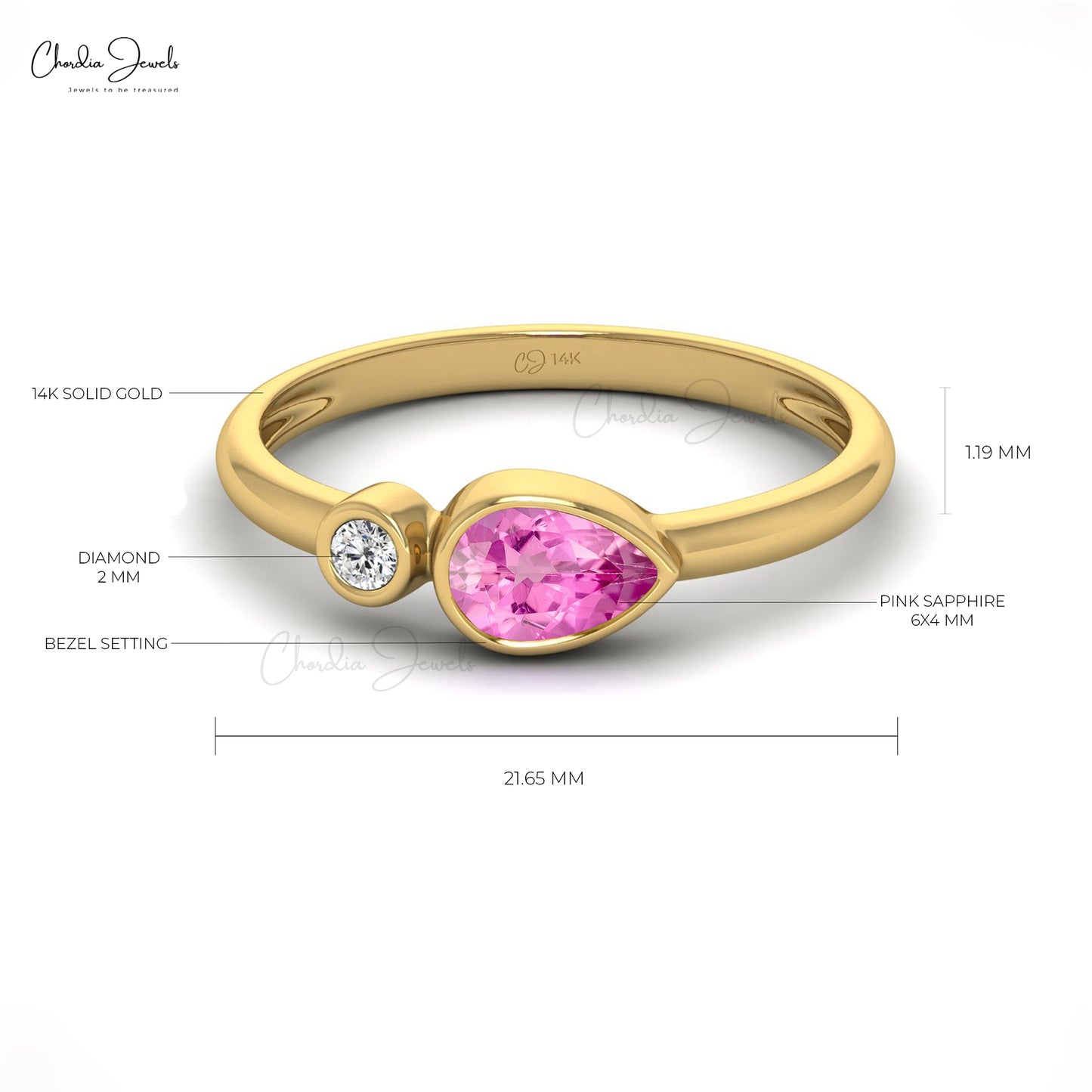 Dual Birthstone Ring in Solid 14k Gold Pink Sapphire And Diamond Bezel Set Promise Ring