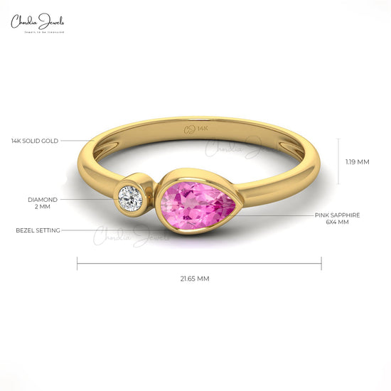 Dual Birthstone Ring in Solid 14k Gold Pink Sapphire And Diamond Bezel Set Promise Ring