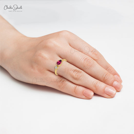 October Pink Tourmaline Ring 0.22 Ct Natural Pear Gemstone Band 14k Real Gold Unique Design Ring For Wedding Gift