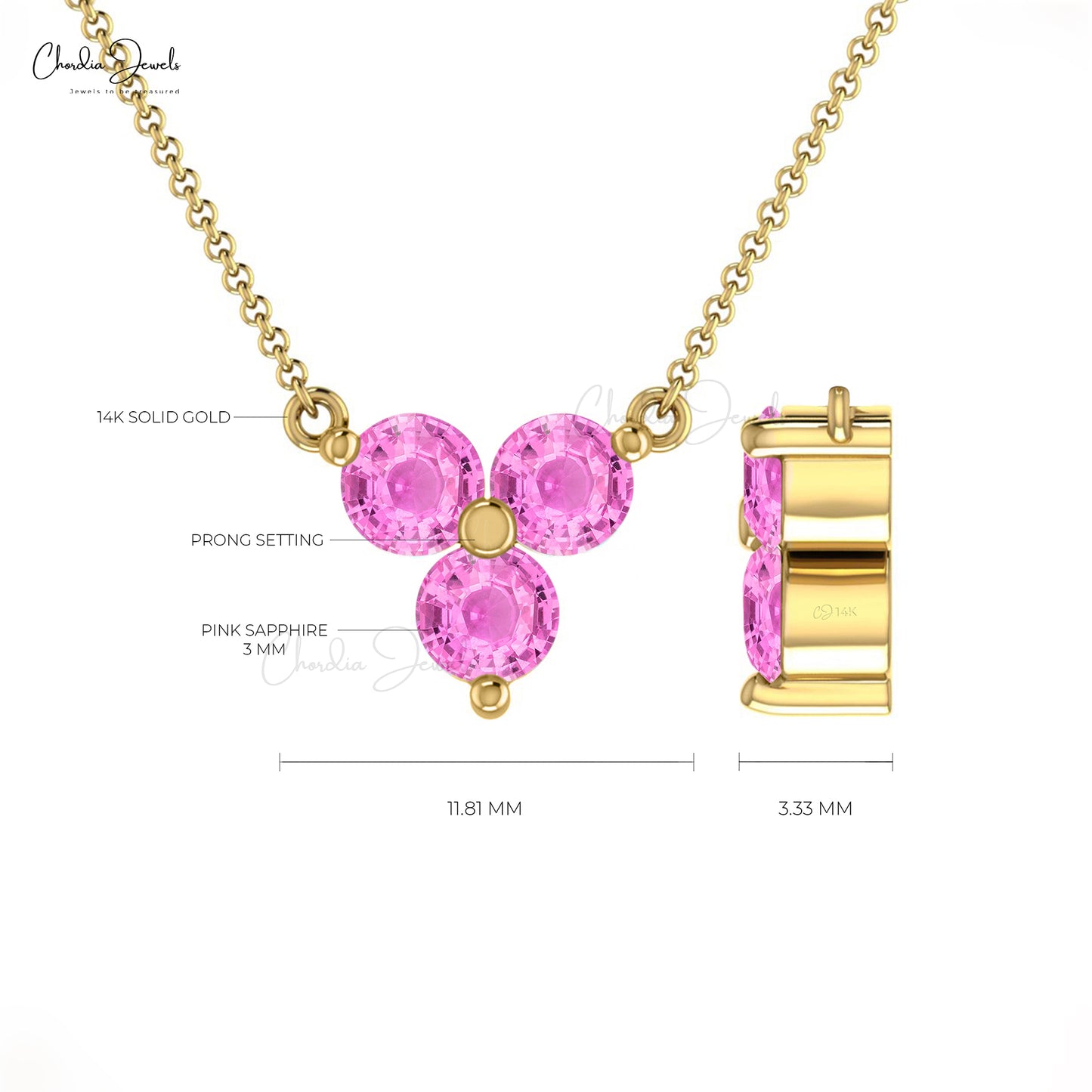 Trio Natural 0.51Ct Pink Sapphire Cluster Chain Necklace in Real 14k Gold