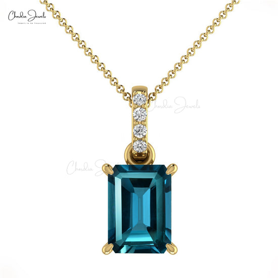 14k Solid Gold Diamond Natural London Blue Topaz Pendant 7X5mm Emerald Cut Octagon Handmade Dangling Pendant