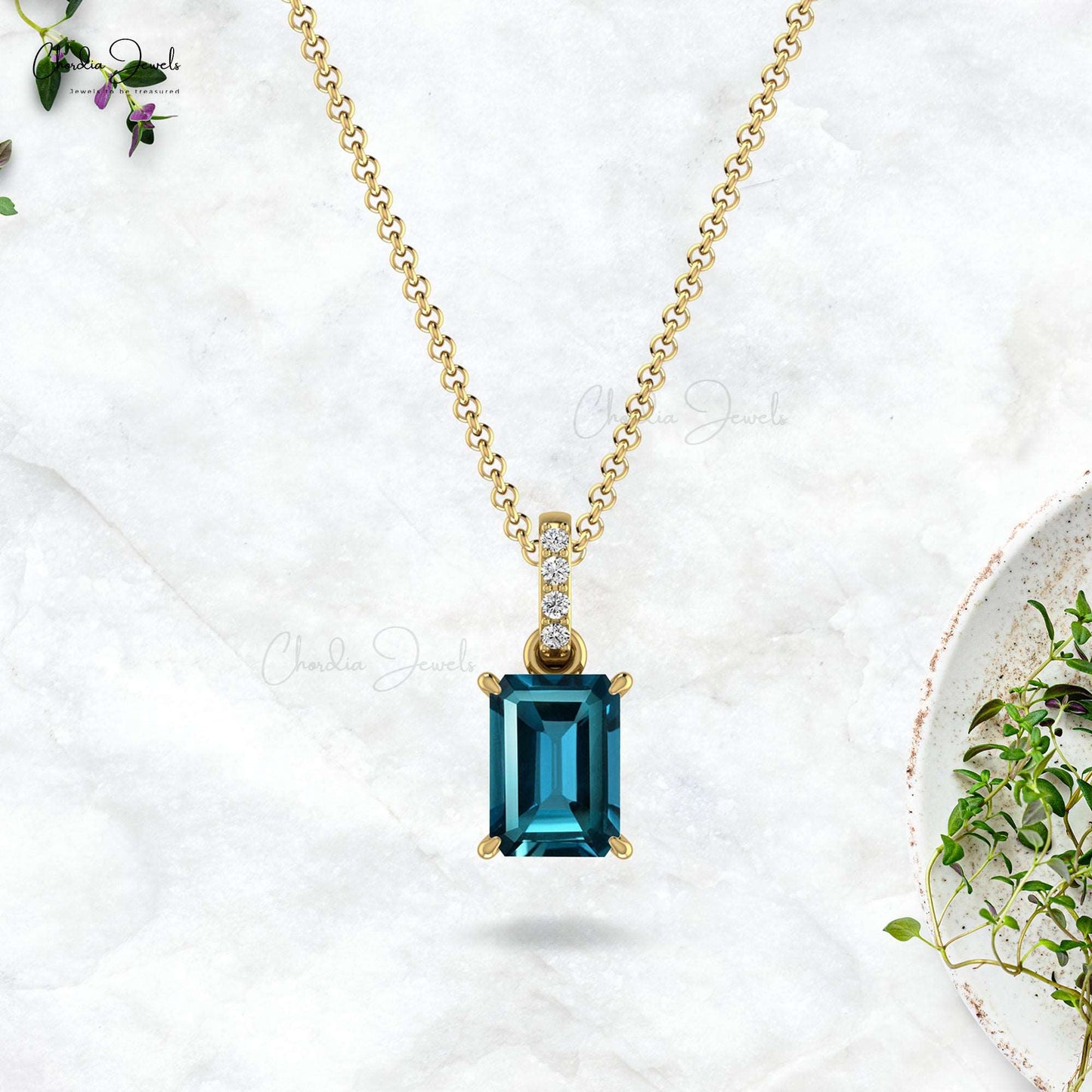 14k Solid Gold Diamond Natural London Blue Topaz Pendant 7X5mm Emerald Cut Octagon Handmade Dangling Pendant