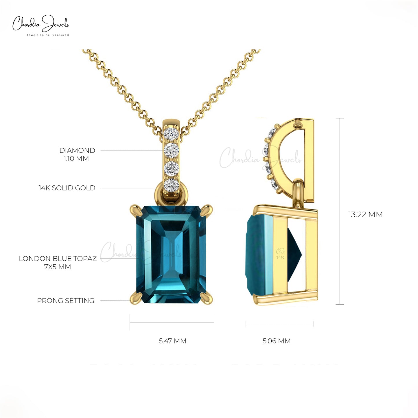 14k Solid Gold Diamond Natural London Blue Topaz Pendant 7X5mm Emerald Cut Octagon Handmade Dangling Pendant