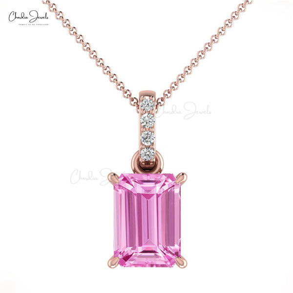 Natural Pink Sapphire Emerald Cut Pendant 14k Solid Gold