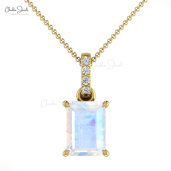 Natural Rainbow Moonstone Handmade Pendant 14k Solid Gold Diamond Pendant 0.80 Cts Emerald Cut Gemstone Dangling Pendant For Birthday Gift