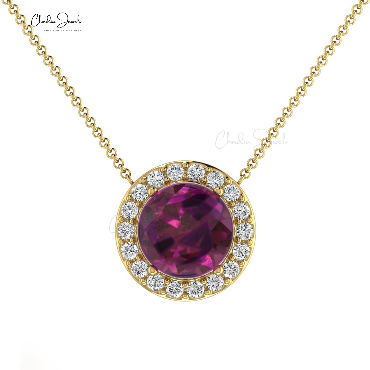 Brilliant Cut Halo Necklace With Pure 14k Gold Rhodolite Garnet Diamond Fine Jewelry