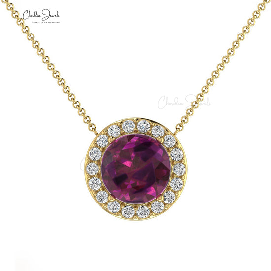 6mm Round Rhodolite Garnet Diamond Halo Necklace in 14k Solid Gold