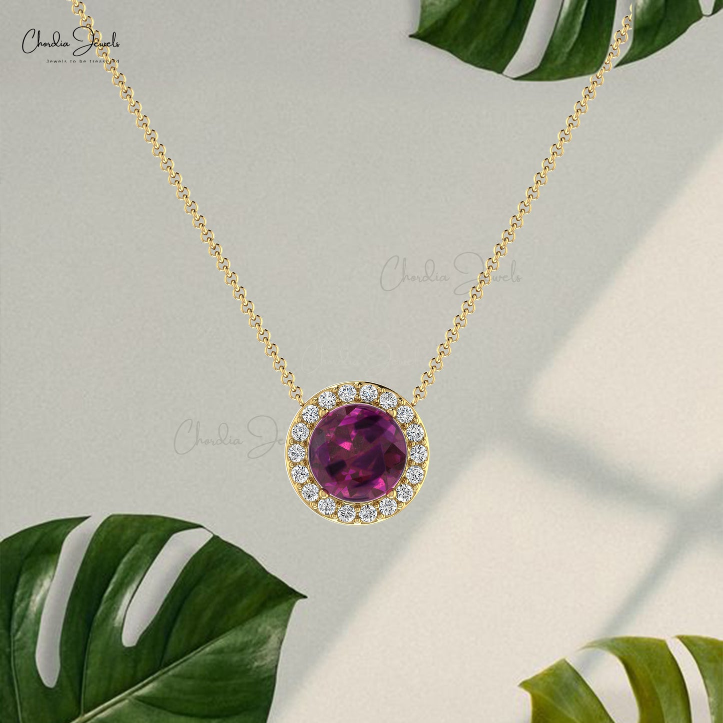 Brilliant Cut Halo Necklace With Pure 14k Gold Rhodolite Garnet Diamond Fine Jewelry