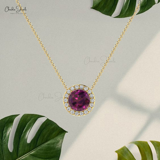 6mm Round Rhodolite Garnet Diamond Halo Necklace in 14k Solid Gold