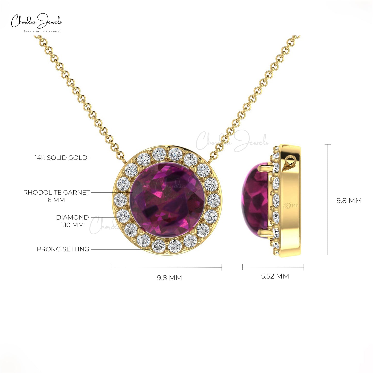 Brilliant Cut Halo Necklace With Pure 14k Gold Rhodolite Garnet Diamond Fine Jewelry