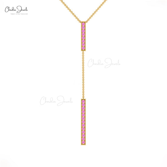 Real 14k Gold Drop Bar Necklace With Genuine Pink Sapphire