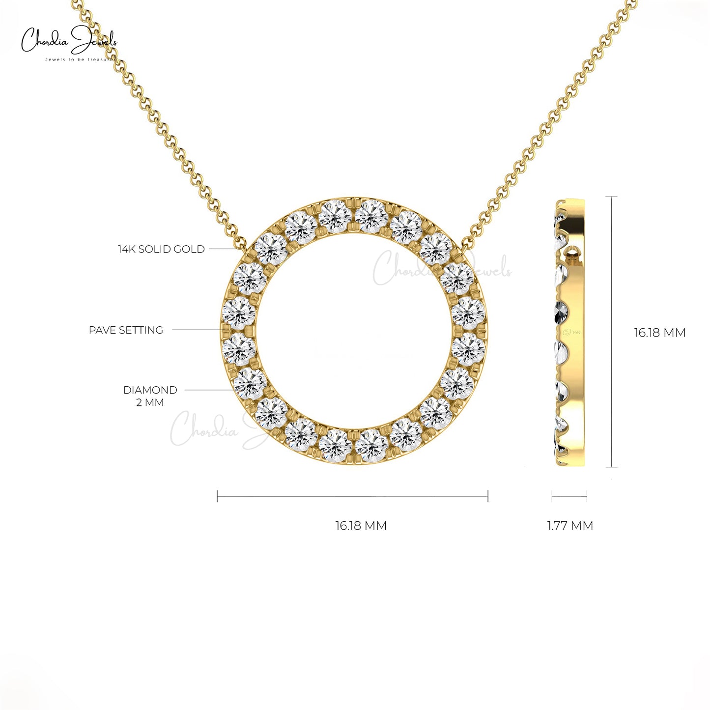 Open Circle Women Necklace With 0.60 Ct Diamond Pave Set Necklace In 14k Solid Gold