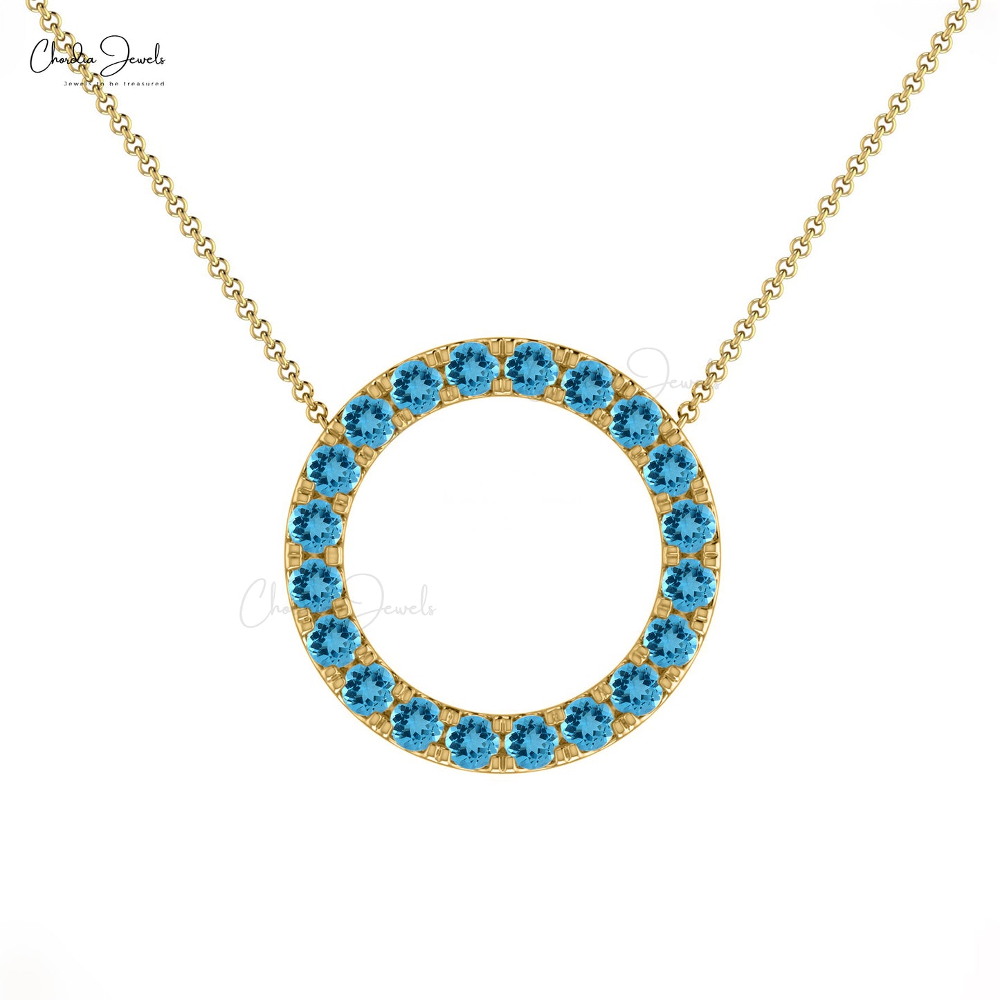 Natural Swiss Blue Topaz Dainty Circle Necklace For Anniversary