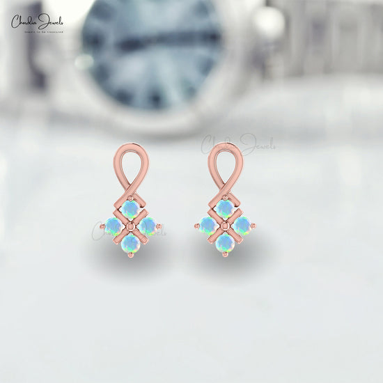 Brilliant Cut Twisted Earrings With 2mm Fire Opal Channel Set In 14k Solid Gold Studs