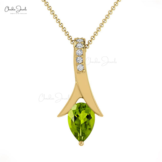 Dual Birthstone Drop Pendant With 6x4mm Peridot And Diamond Necklace In 14k Real Gold