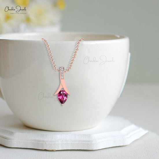 Pure 14k Gold 6 Stone Pendant With 6x4mm Rhodolite Garnet Diamond Tear Drop Necklace