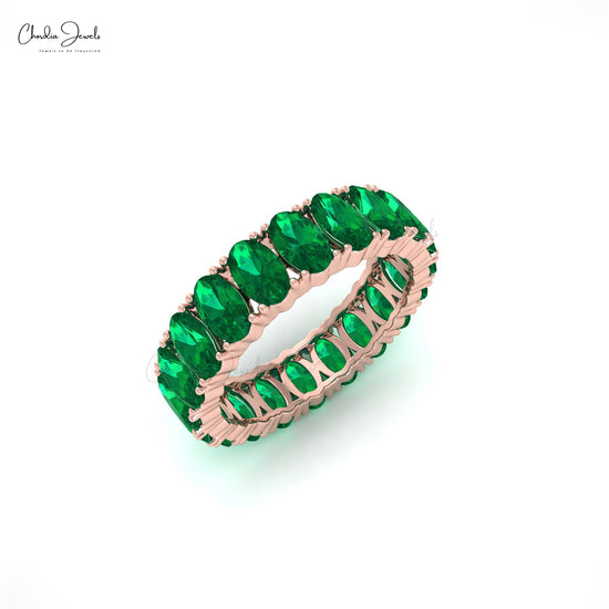 Prong Set Full Eternity Band 5x3mm Oval Green Emerald Engagement Ring For Her