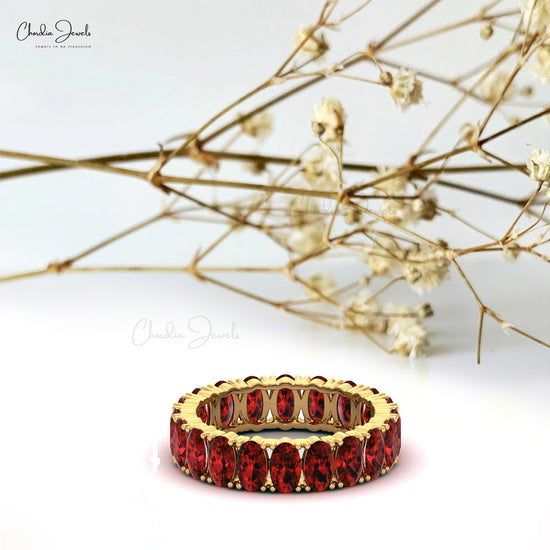 Genuine 5x3mm Oval Garnet Eternity Wedding Band in Real 14k Yellow Gold Ring