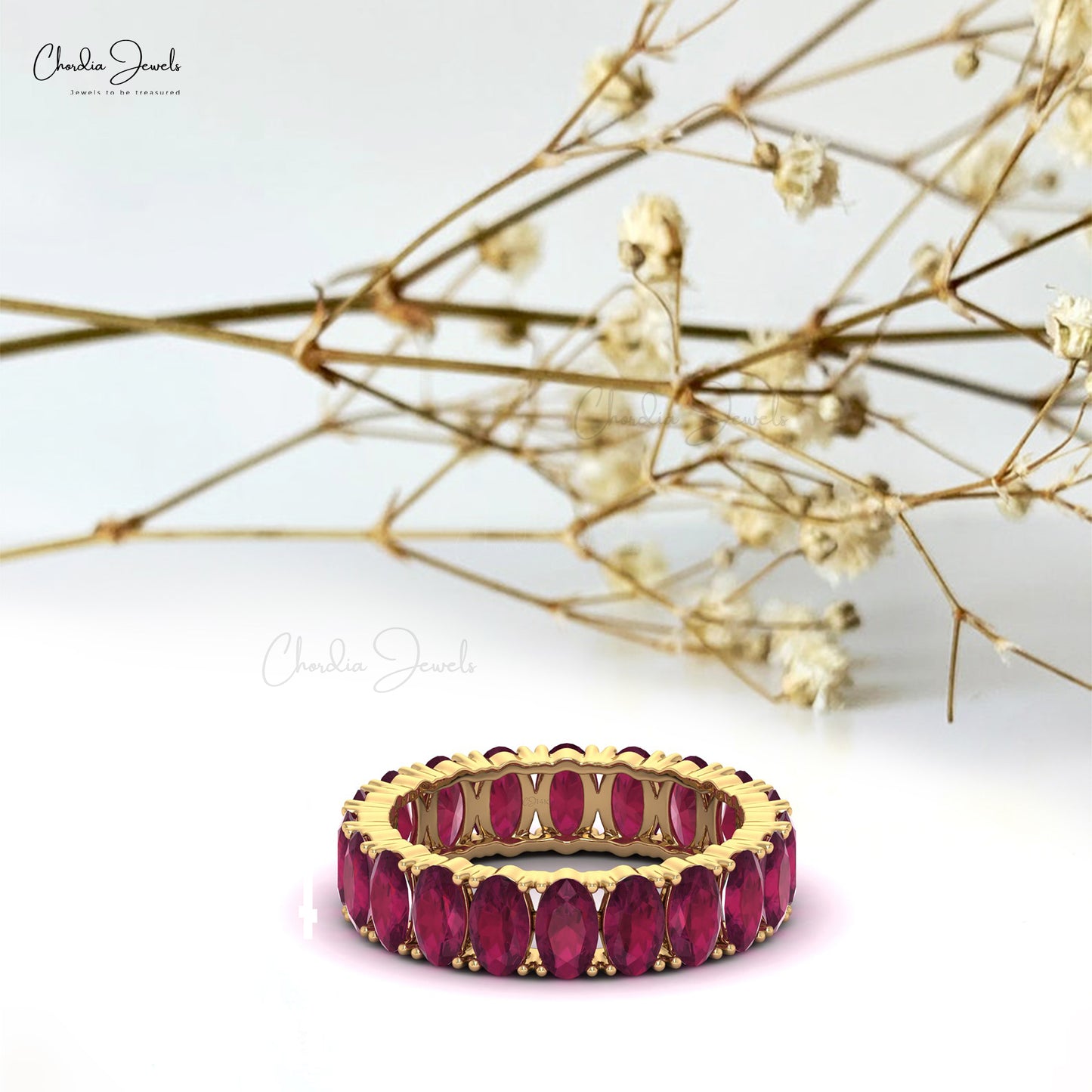 Oval Full Eternity Band With 5x3mm Ruby Prong Set In 14k Yellow Gold Stack Ring Size US6