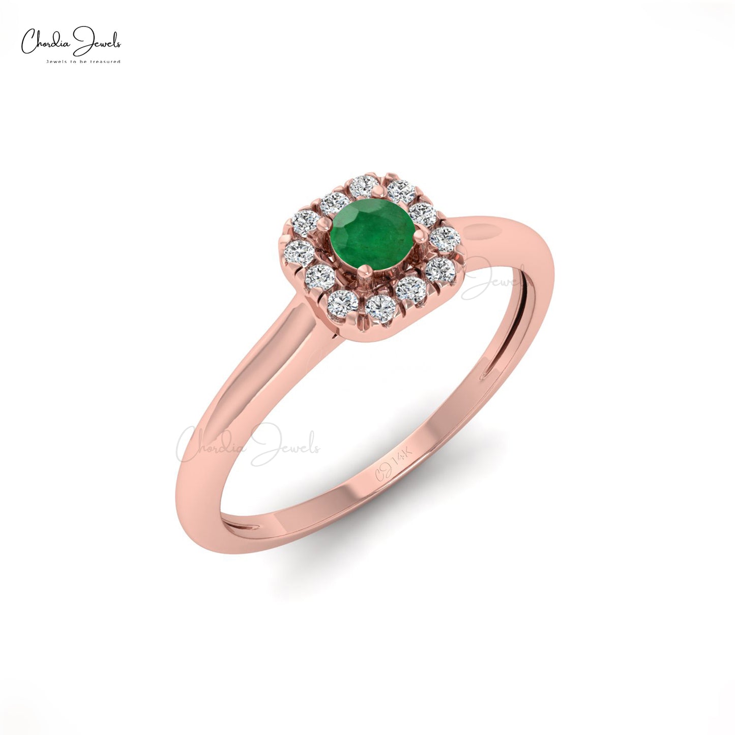 Prong Set Zambian Emerald with Diamond Accents in 14k Solid Gold Halo Ring