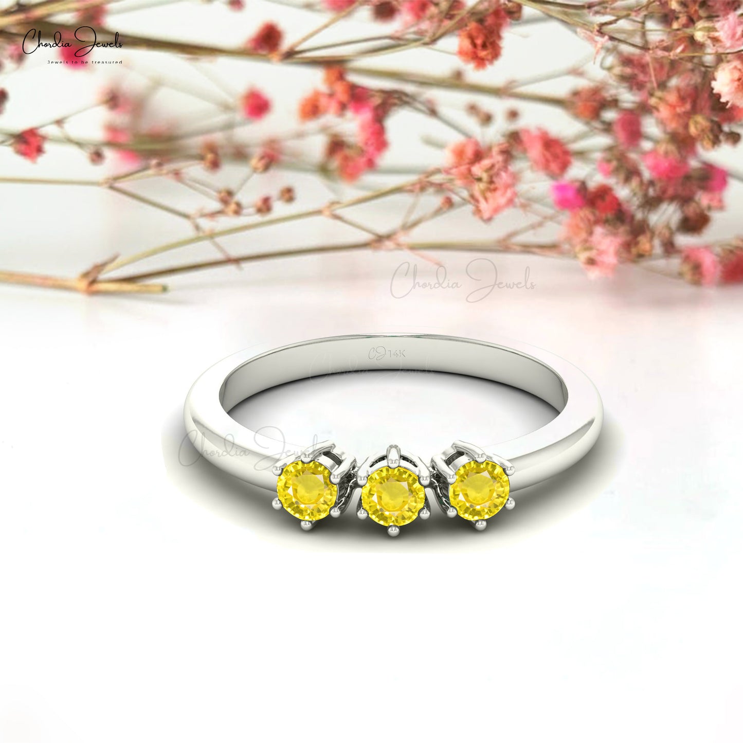 Stackable 3 Stone Ring In 14k Solid Gold Yellow Sapphire Trilogy Minimalist Jewelry