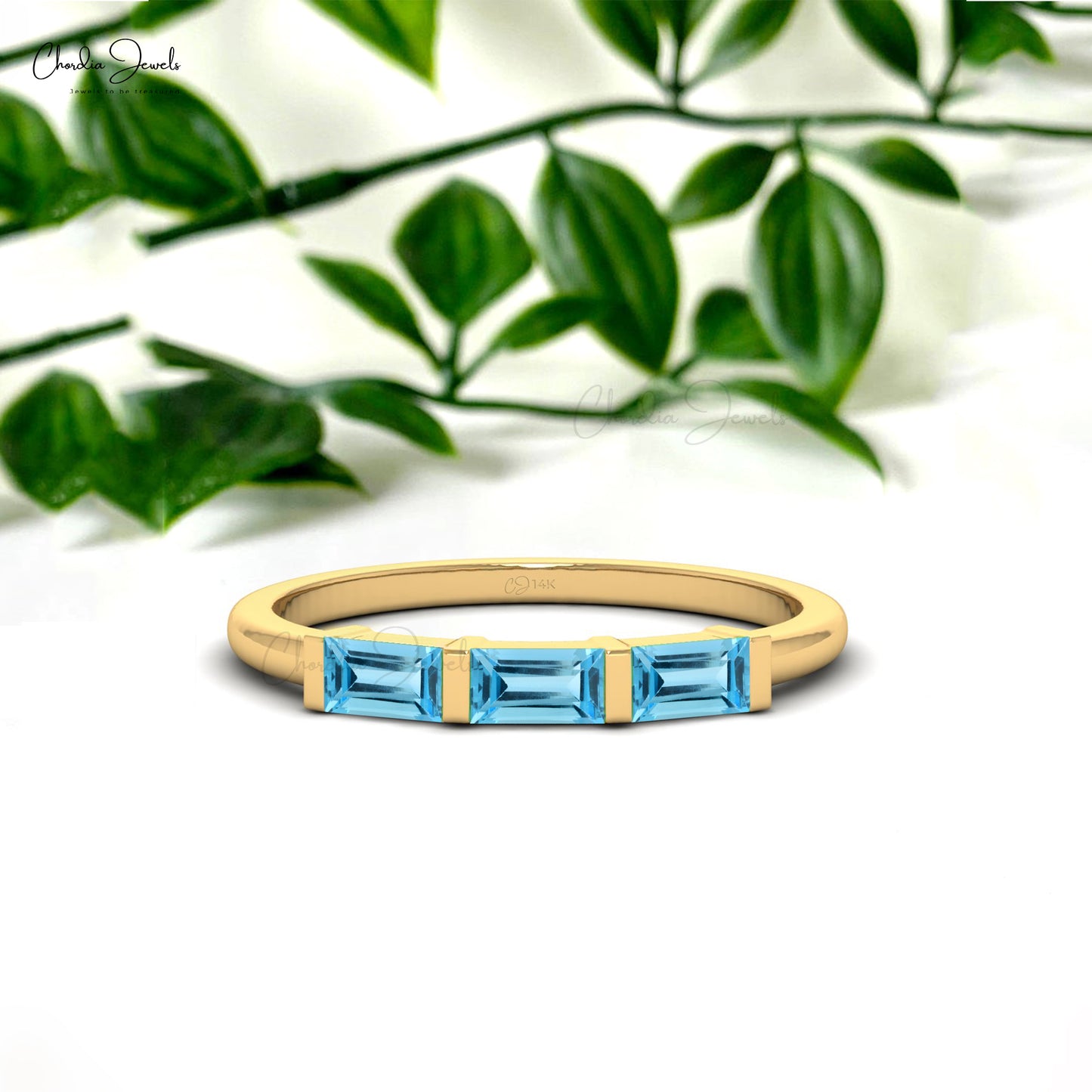 Real 14k Gold Genuine Swiss Blue Topaz Trilogy Promise Ring 4x2mm Baguette Cut Half Channel Dainty Ring For Wedding Gift