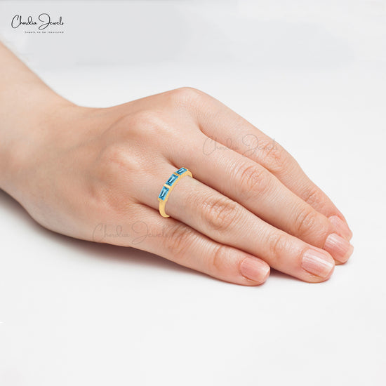 Real 14k Gold Genuine Swiss Blue Topaz Trilogy Promise Ring 4x2mm Baguette Cut Half Channel Dainty Ring For Wedding Gift